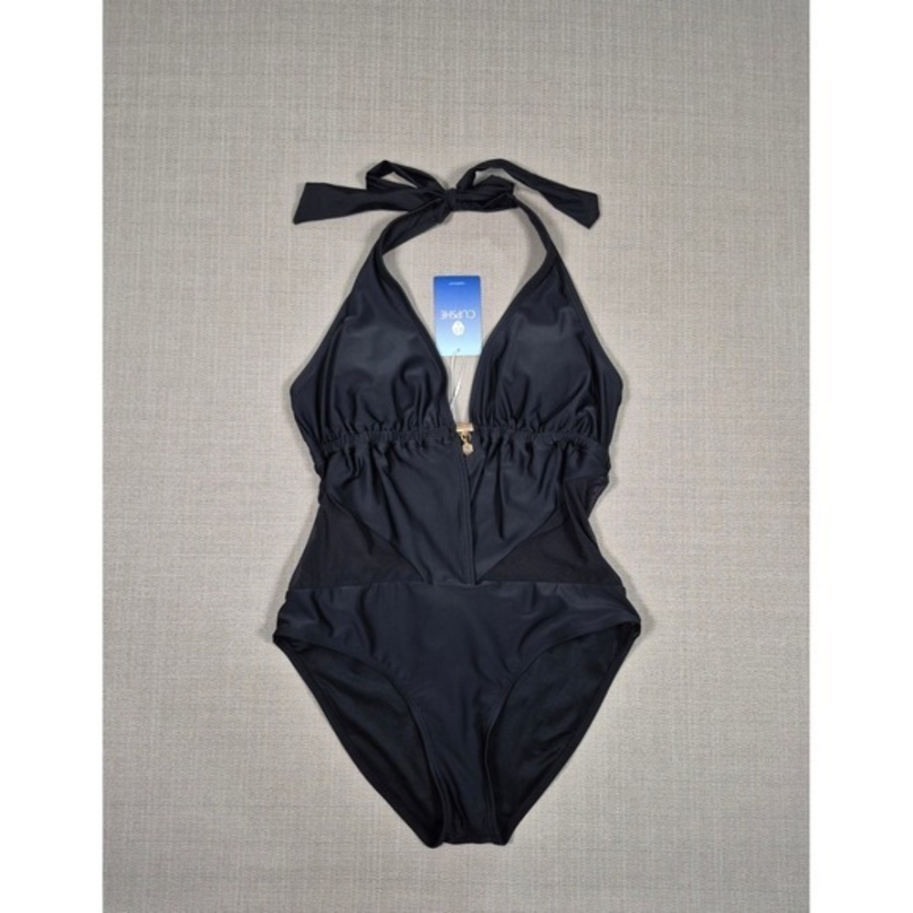 Cupshe Black Mesh Halter One Piece Swimsuit Plunge Neck Size M New‎ With Tags